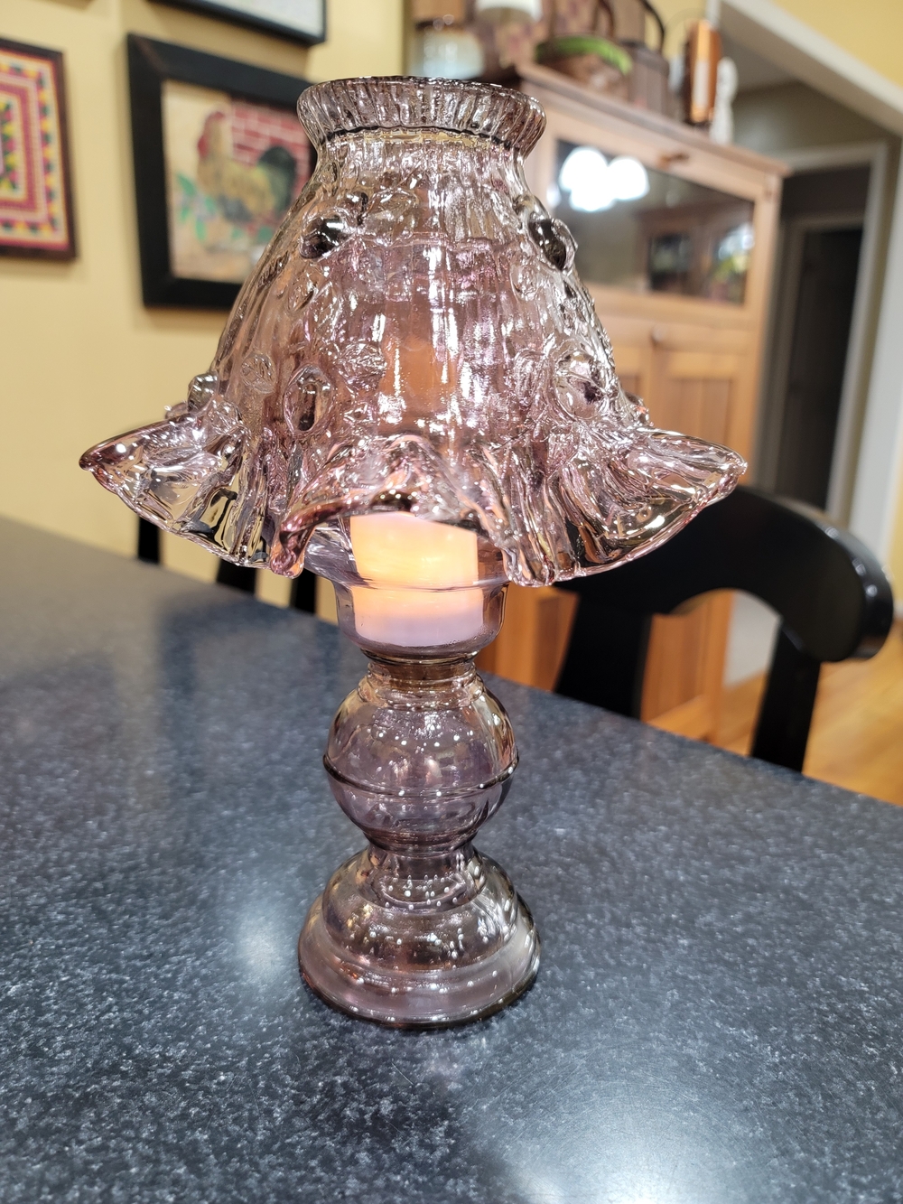 Homco Eleanor Cabbage Rose Glass Fairy Lamp Candle Holder 3pc Lavender Vtg